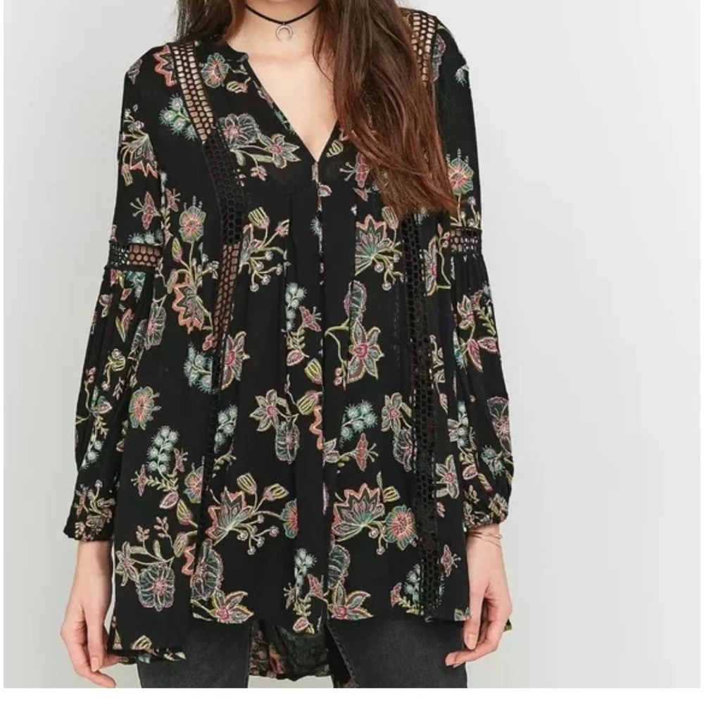 Free People Boho Just the Two of Us Floral Black Tunic Top